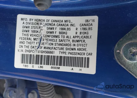 2016 Honda Civic Lx z USA, uszkodzony, nr VIN 2HGFC2F51GH566661